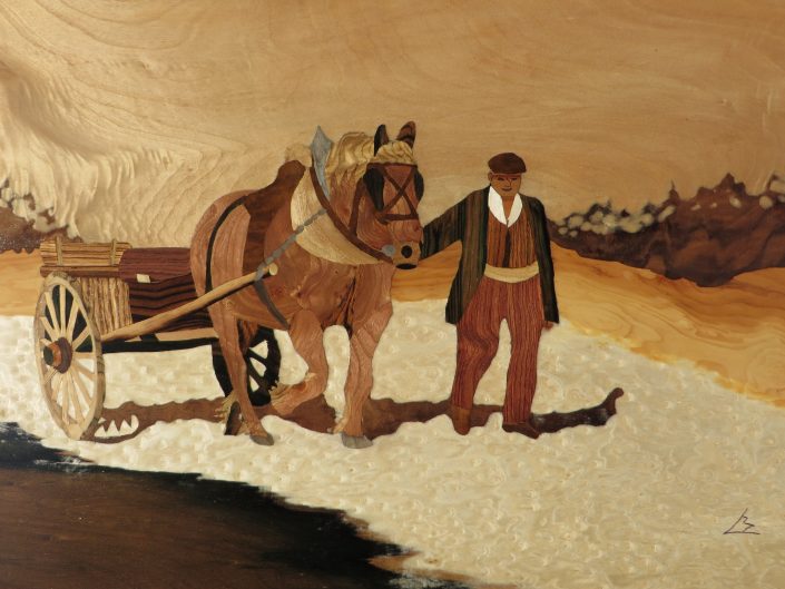 Cheval Charette Marqueterie Bois Tableau