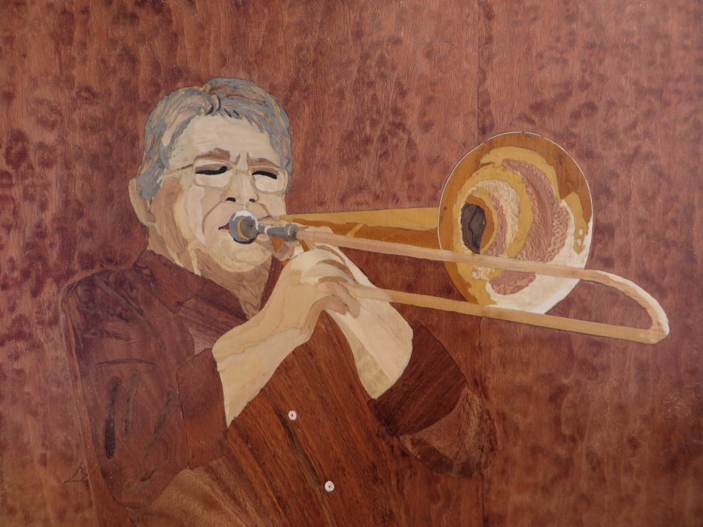 François Guin Tromboniste Marqueterie Bois Tableau